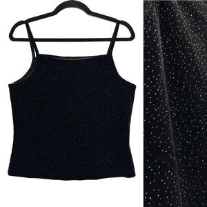 Vintage 90s Black Velvet Sparkle Square Neckline Cami Crop Mini Tank Top L